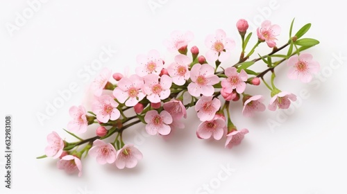Pink waxflower branch isolated on white background, closeup photo