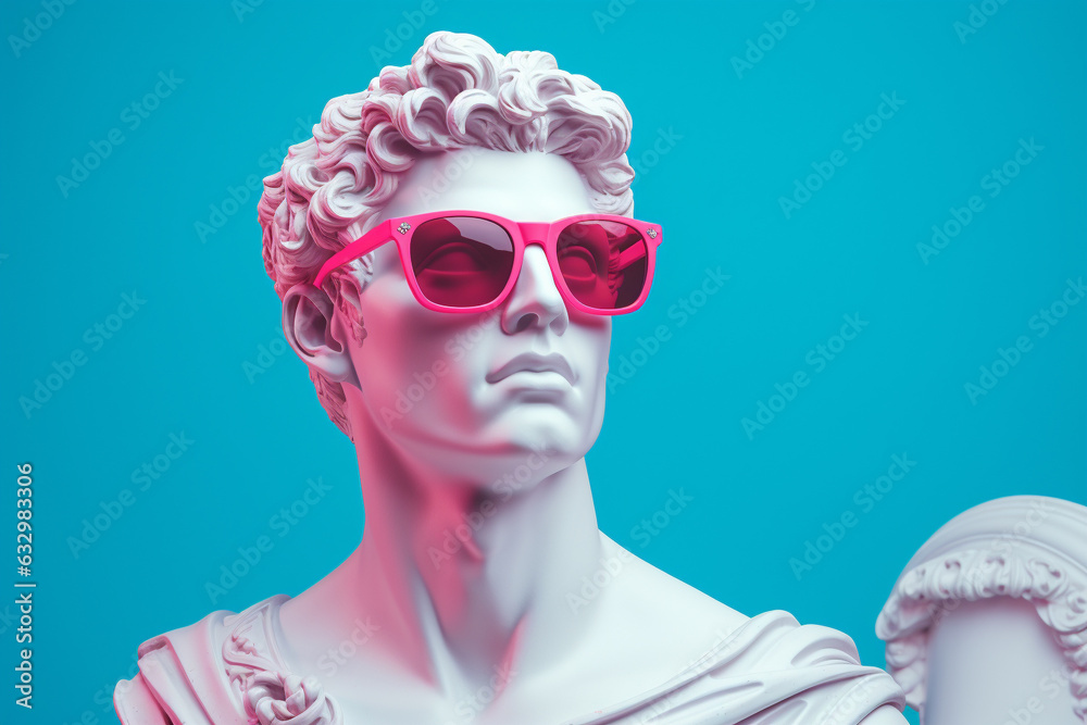 Apollo statue weating sunglasses, creative art with pink and blue neon colors. Generative AI - obrazy, fototapety, plakaty 