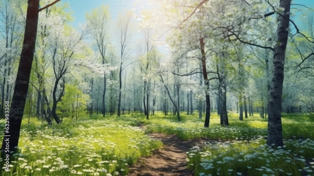 Art Spring nature background with blue flowers in summer forest