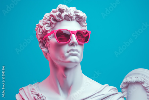Apollo statue weating sunglasses, creative art with pink and blue neon colors. Generative AI