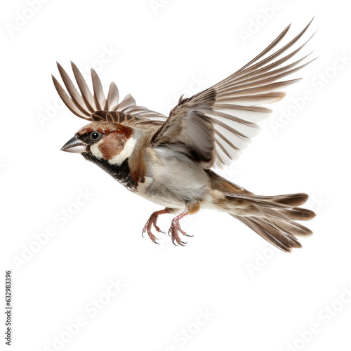 a House Sparrow in-flight in a Nature-themed, photorealistic illustration in a PNG format, cutout, and isolated. Generative AI