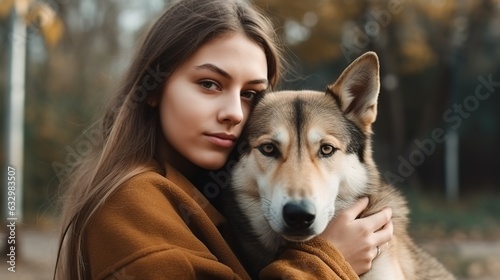 Brunette woman with long straight hair hugging her dog in a park