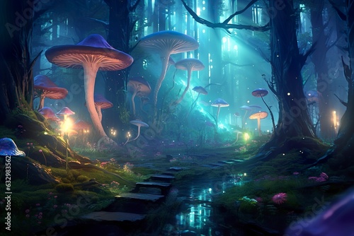 the forest is lit up with mushrooms and flowers, in the style of realistic fantasy artwork, fantastical street, dark emerald and light cyan, 