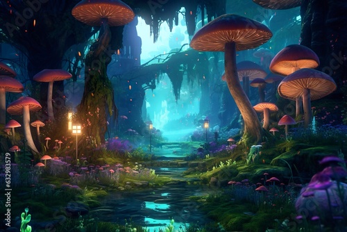 the forest is lit up with mushrooms and flowers  in the style of realistic fantasy artwork  fantastical street  dark emerald and light cyan  