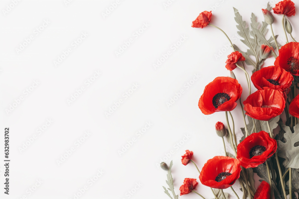 poppy flowers on white background, border background with copy space. Generative AI - obrazy, fototapety, plakaty 