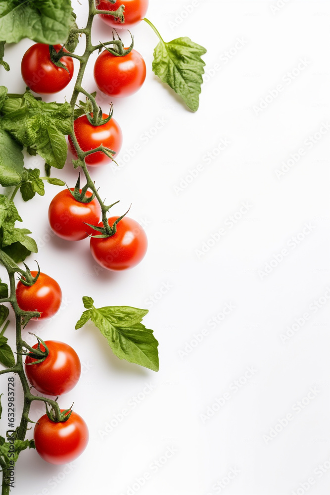 Fresh tomatoes and basil on white background, flat lay border background with copy space. Generative AI Fresh tomatoes and basil on white background, flat lay border background with copy space. Generative AI