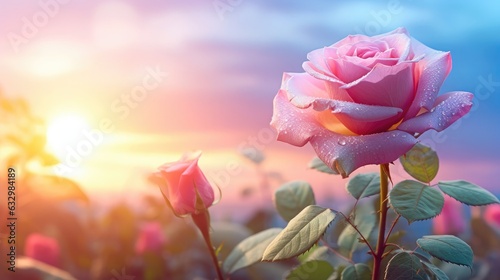 Pink rose flower against the sunset sky
