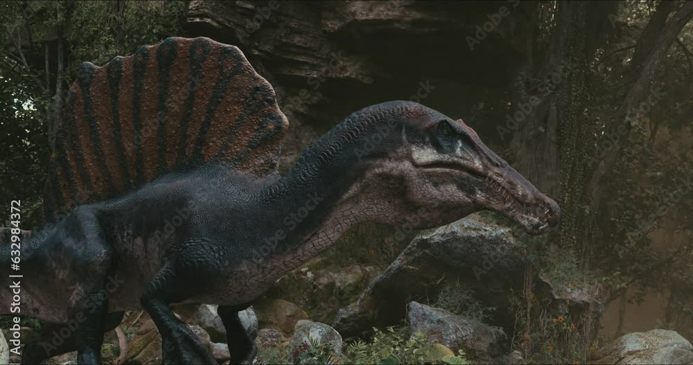 Spinosaurus dinosaurus hunts. A dinosaur in search of prey.