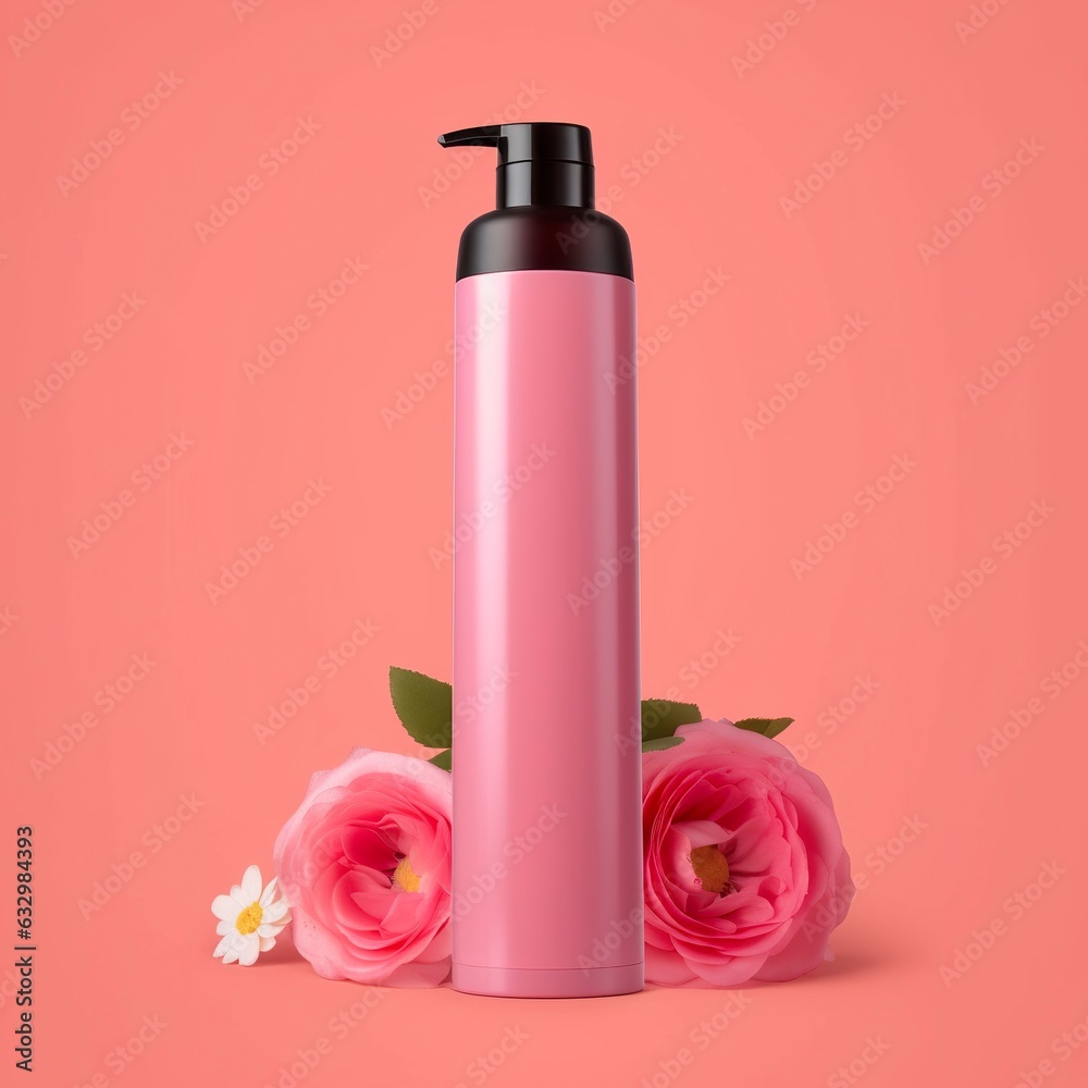 Amazon Product Picture Body Wash, Cylinder Bottle Solid Color pink background, with roses, Amazon Product Picture Body Wash, Cylinder Bottle Solid Color pink background, with roses,