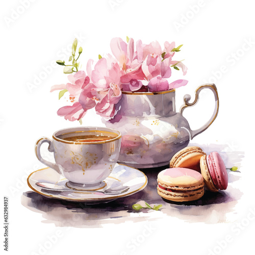 Tea and macarons watercolor paint ilustration