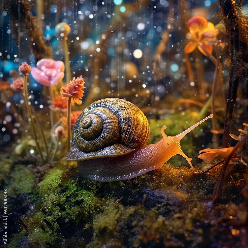 Iridescent Snail in a Fairy Forest, Close Up of a Shimmering Shell. Iridescent Snail in a Fairy Forest, Close Up of a Shimmering Shell.