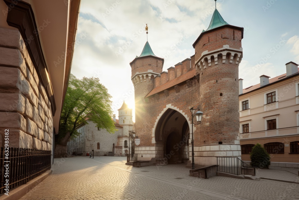 Fototapeta premium St. Florian's Gate in Krakow old town, Poland, Generative AI