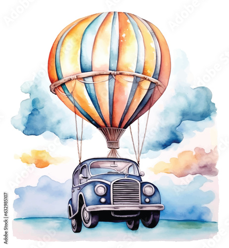 Vintage car flying with a hot air balloon watercolor paint