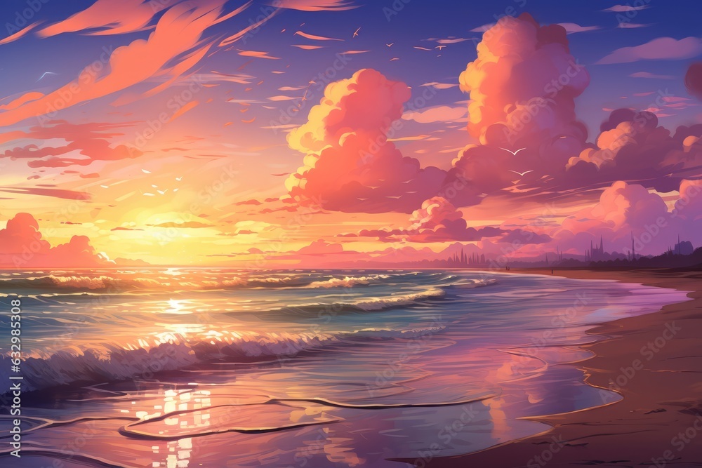 Beautiful sunset on the beach, pink horizon in anime and manga