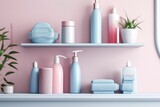 A pastel bathroom shelf with pink skincare products, copy space, banner, pink and pastel blue bright palette, barbiecore. 