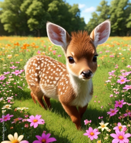 A cute little baby deer, beautiful flowers in a meadow 6