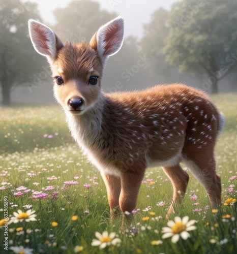 A cute little baby deer, beautiful flowers in a meadow 4