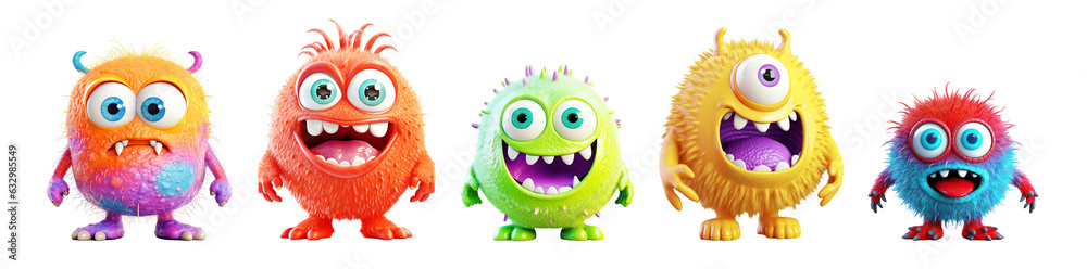 Monster colorful set. Collection of colorful cartoon 3D characters isolated. Cute kawaii cartoon scary funny baby character. Eyes, tongue, tooth fang,  Happy Halloween, png