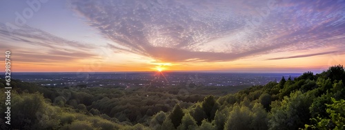 色彩豊かな夕日の風景、海、山、自然、雲