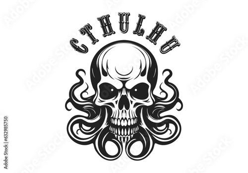 Vector black and white scary skull with octopus tentacles. Monochrome tattoo. Inscription, Cthulhu. White isolated background.