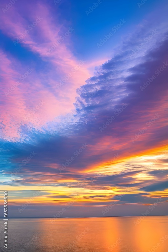 色彩豊かな夕日の風景、海、山、自然、雲