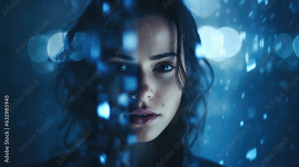 Dramatic bold closeup portrait of metahuman female in perfect synergy with artificial intelligence, cybernetic glamour, piercing eyes, dark midnight blue bokeh blur, light streaks - generative AI Dramatic bold closeup portrait of metahuman female in perfect synergy with artificial intelligence, cybernetic glamour, piercing eyes, dark midnight blue bokeh blur, light streaks - generative AI