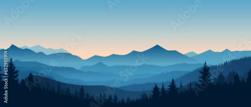 Panel kuchenny z motywem Beautiful mountain landscape at sunrise. Stunning foggy landscape of mountains and forest silhouettes. Wonderful landscape for printing. Vector illustration.