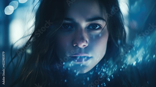 Dramatic bold closeup portrait of metahuman female in perfect synergy with artificial intelligence, cybernetic glamour, piercing eyes, dark midnight blue bokeh blur, light streaks - generative AI