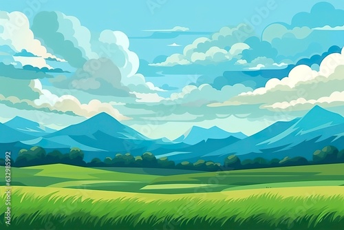Geometric Mountain Landscape with Clouds and a Green Field. 