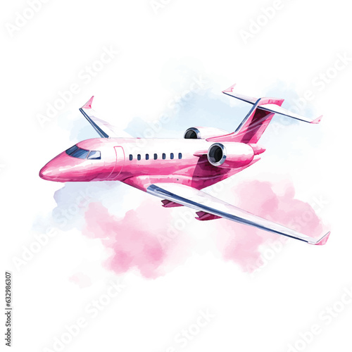 Pink Private jet watercolor painted ilustration.