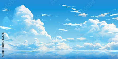 Blue sky with clouds and pristine water, manga, anime, comic book style photo