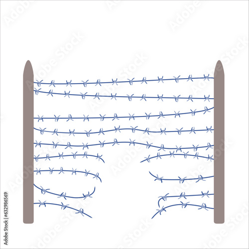 Escape through barbed wire fence border illustration. Sharp thorns of barbwire military barrier zone. Freedom and security concept. Vector illustration.