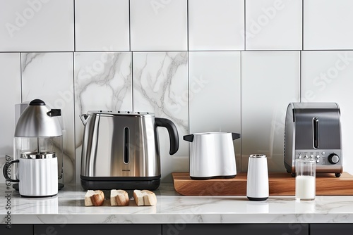 Photo Contemporary toaster and various other household appliances neatly arranged on a kitchen countertop made of white marble