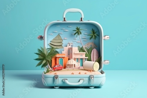 Creative Summer Beach Composition in Suitcase on Blue Background, A Travel Concept Idea in 3D Rendering. 