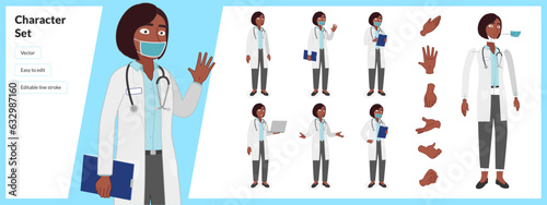 Illustration of female nhs medical doctor, wearing white outfit in a set of multiple poses. Easy to edit with editable line strokes and isolated on white background. Suitable for animation.