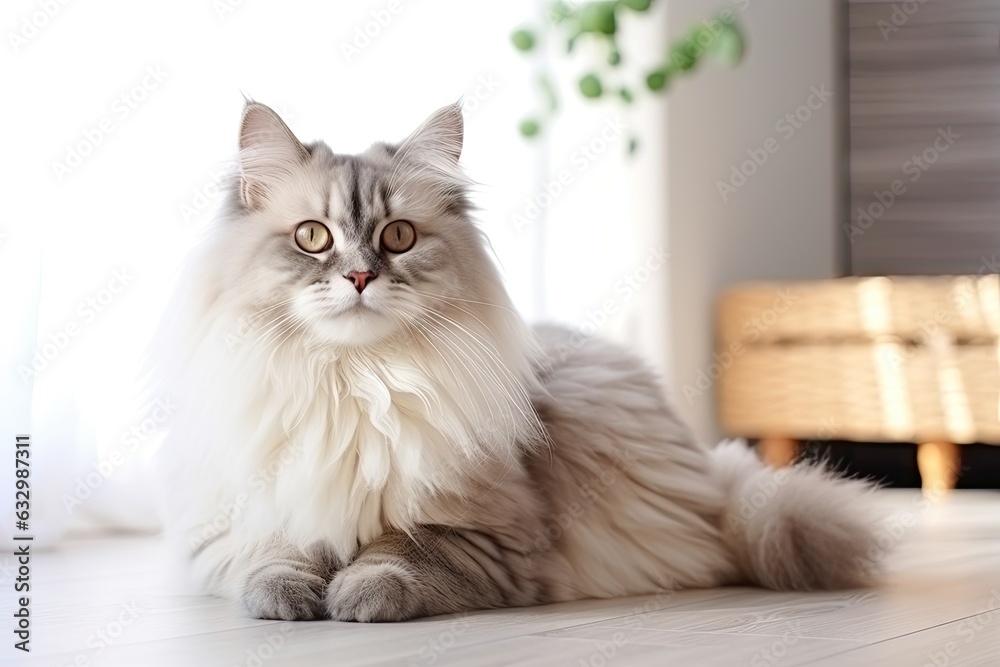 A long haired purebred Siberian cat named Fluffy is seen sitting on a jute wicker rug in the living room, resting on the hardwood floor. The cats beauty is evident, with its fur on full display. The