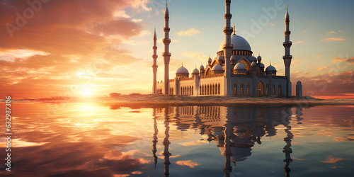 Islamic mosque dramatic sunset scene beautiful mosque in the water with the sun setting behind it Tranquil Waterside Mosque: Sun Setting Behind"