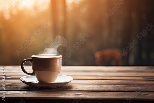 A warm beverage in a cup placed on a wooden table, with a blurred background. There is an empty area available for adding text.