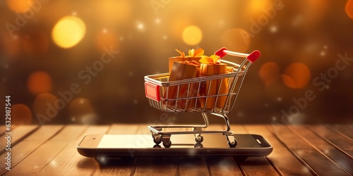 E-Commerce Shopping Cart with Multiple Products. A Sunlit Abstract Background. E-commerce concept. 
