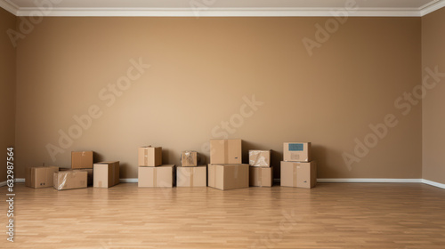 Eempty room with cardboard boxes. Moving , realistic photo in a modern style. © red_orange_stock