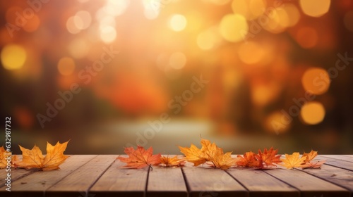 Wooden table with orange autumn leaves at sunset in defocused