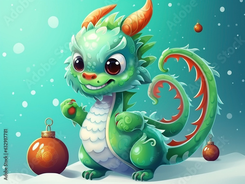 A small cub of a green eastern dragon on a New Year's background