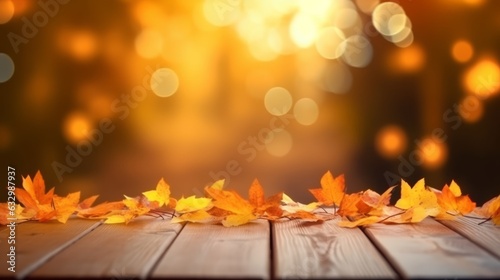 Wooden table with orange autumn leaves at sunset in defocused