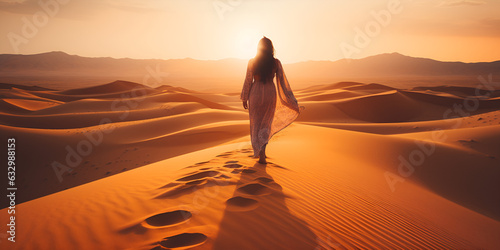 Female woman walking in the desert at sunset Twilight Trek: Desert Adventure with a Woman at Sunset