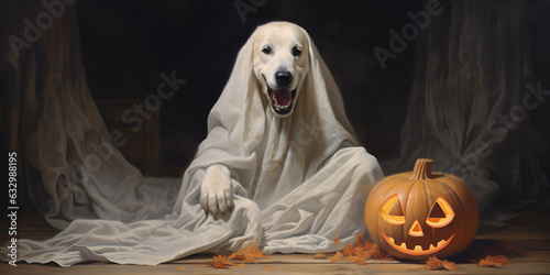 dog dressed as a ghost for halloween