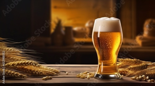 Illustration of a refreshing glass of beer on a rustic wooden table