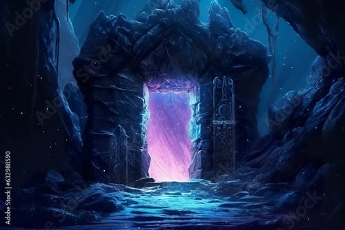 Fantasy night landscape with magical power, ancient stones with magical power and light, runes. Passage to another world, magic door, light, neon. 