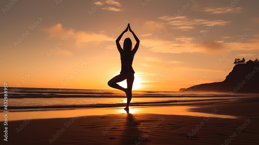 A peaceful yoga session on a serene beach at sunset