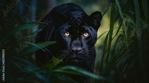 Black panther surrounded by vegetation in attitude hunt. Panthera pardus