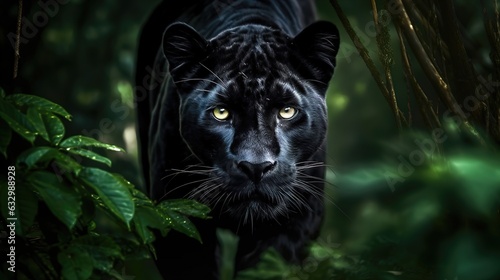 Black panther surrounded by vegetation in attitude hunt. Panthera pardus
